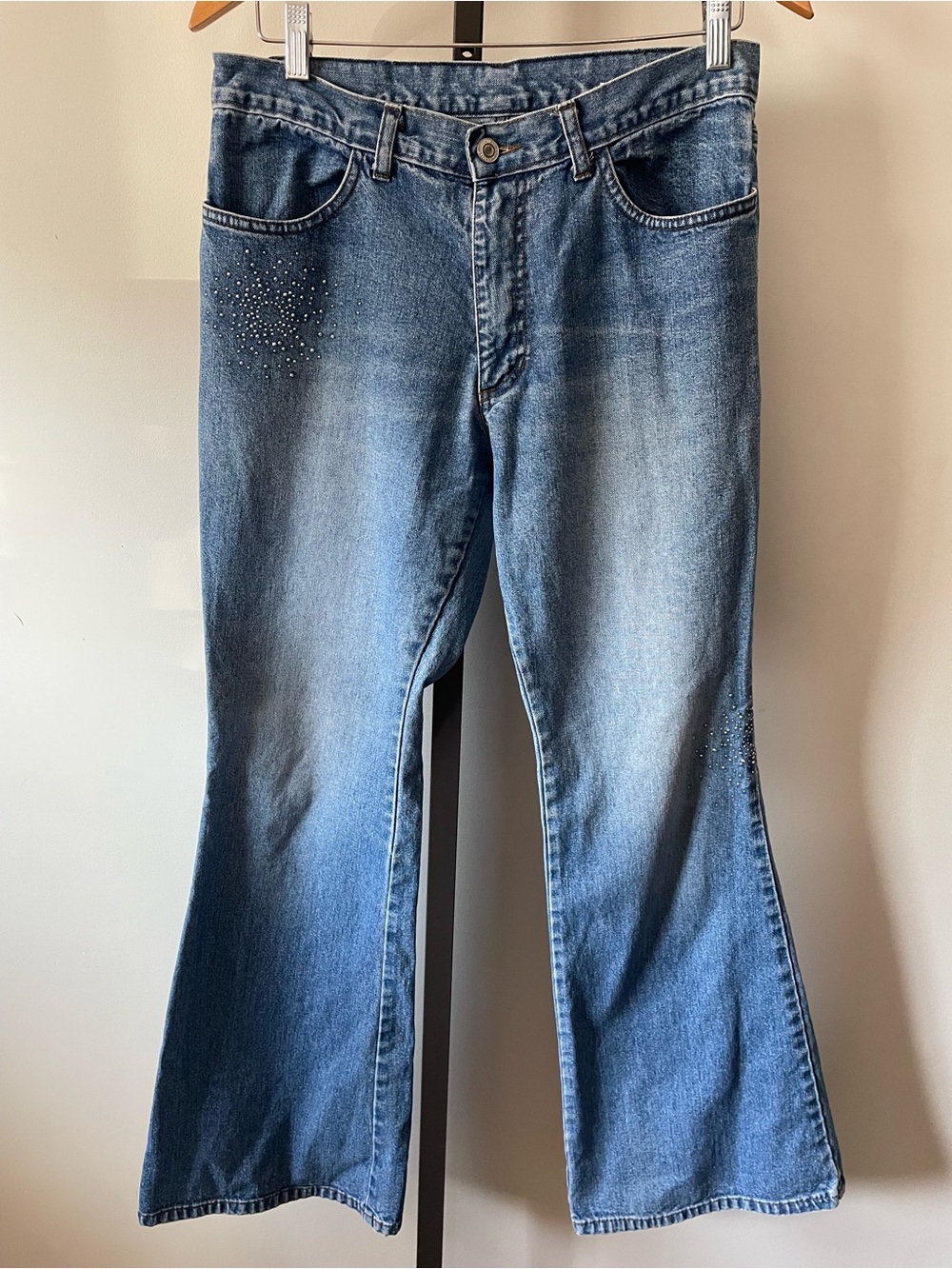 90s Y2K Vintage Rhinestone Studded Flare Denim Jeans Mcbling 100% Cotton